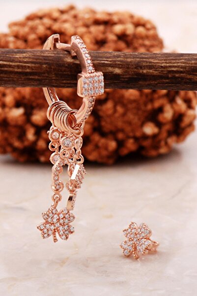 Sümer Telkari Yonca Rose Gümüş Kombin Şans Küpe 5468