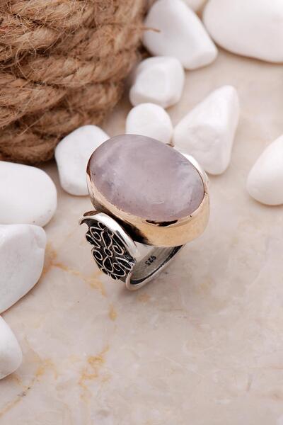 Sümer Telkari Pembe Kuvars Taşlı Elişi Gümüş Yüzük 40