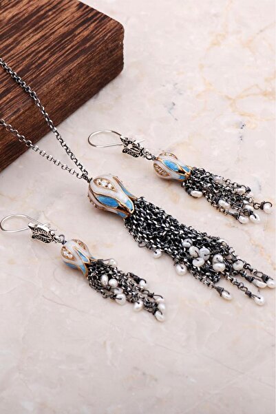 Sümer Telkari Mineli Laleli Tasarım Uzun Kolyeli İkili Set 2035