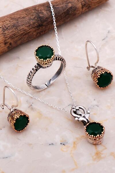 Sümer Telkari Kök Zümrüt Elişi Tasarım Gümüş Set 2059