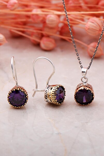 Sümer Telkari Ametist Elişi Gümüş Ikili Set 2332-yuvarlak