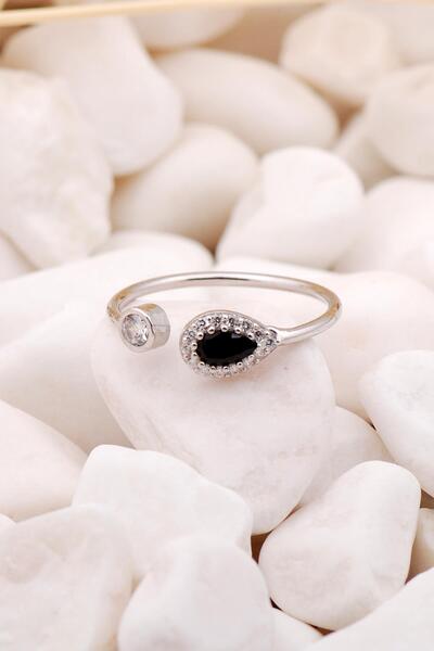 Sümer Telkari Siyah Taşlı Damla Rodyumlu Gümüş Minimal Yüzük 3222