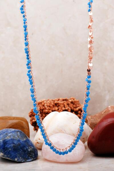 Sümer Telkari Pullu Turkuaz Taşlı Rose Gümüş Kolye 7231