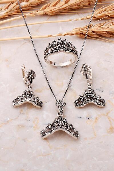 Sümer Telkari Markazit Taşlı Taç Tasarım Gümüş Set 2510