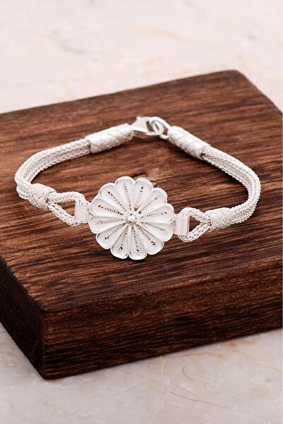 Sümer Telkari Telkari Ve Kazaziye Işlemeli Gümüş Papatya Bileklik 3236