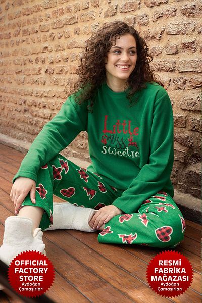 Aydoğan Aydogan ®   Women's Green Fleece Pajamas Set - Crew Neck, Long Sleeve B5-4