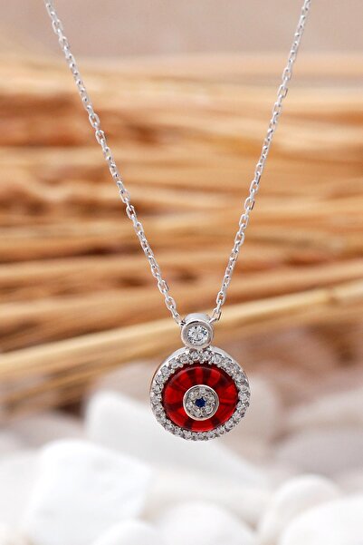 Sümer Telkari Kırmızı Cam Göz Rodyumlu Gümüş Kolye 01