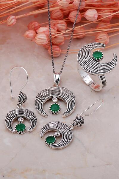Sümer Telkari Ay Tasarım Telkari Kök Zümrüt Taşlı Elişi Gümüş Set 07