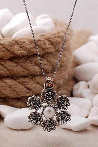 Sümer Telkari Papatya Telkari Işlemeli Inci Gümüş Kolye 132