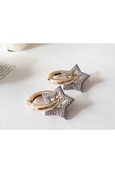 Leydia accessory Çelik Halka Zirkon Taş Yıldız Küpe