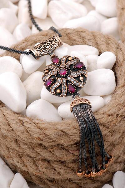 Sümer Telkari Kök Yakut Taşlı Püsküllü Otantik Gümüş Kolye 163