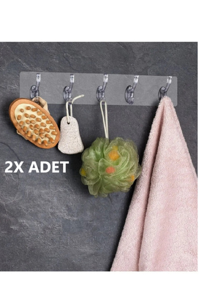 FOBHOME 2 Adet Kendinden Yapışkanlı Güçlü Şeffaf 5li Askılık - Kapı Arkası Mutfak Duvar Banyo