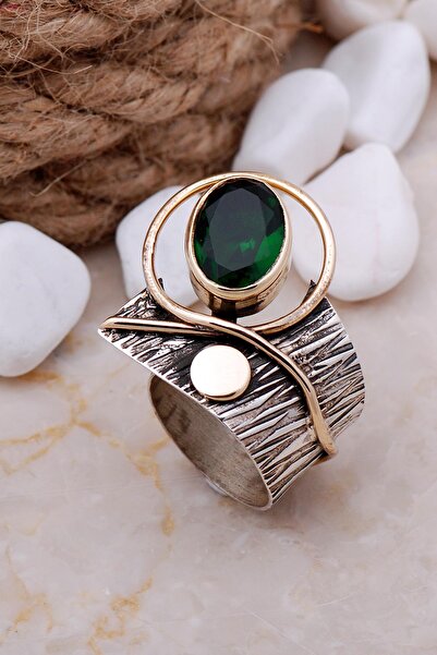 Sümer Telkari Zümrüt Taşlı Çekiç Dövme Elişi Gümüş Yüzük 3262