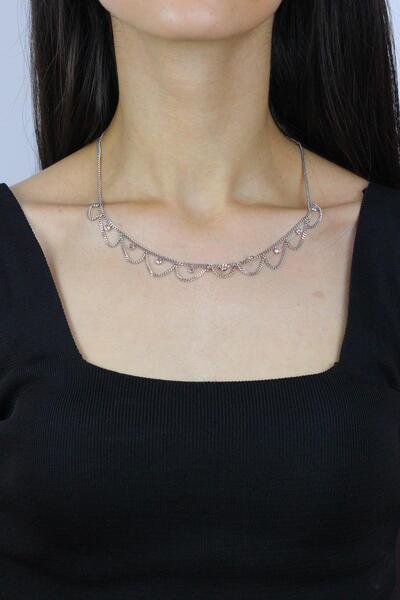 Sümer Telkari Taşlı Tasarım Rodyumlu Choker Gümüş Kolye 7271