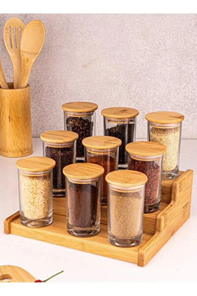 Bambum Bambu Kapaklı 9 Adet Kavonoz-saklama Kabı