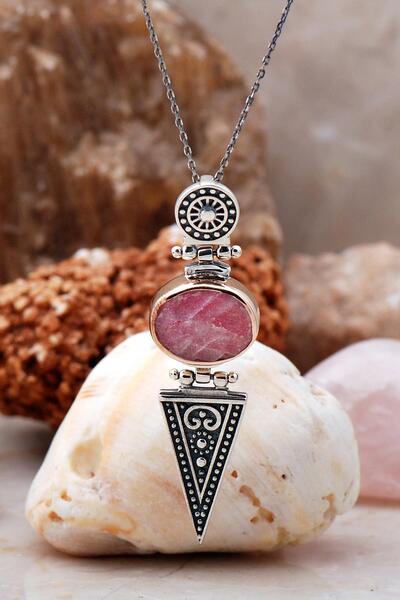 Sümer Telkari Pembe Kuvars Elişi Antik Tasarım Gümüş Kolye 7048