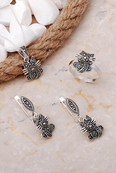 Sümer Telkari Markazit Taşlı Kedi Tasarımlı Gümüş Set 2130