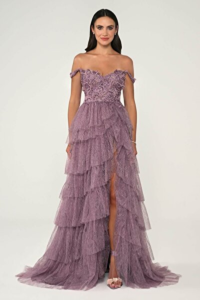 ALFABETA Off-Shoulder Dusty Rose Glitter Tulle Skirt Evening Dress - 60
