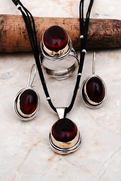 Sümer Telkari Lal Taşlı Elişi Gümüş Set 2245