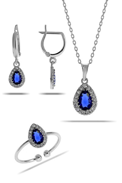 Sümer Telkari Safir Taşlı Damla Mini Rodyumlu Gümüş Set 2309