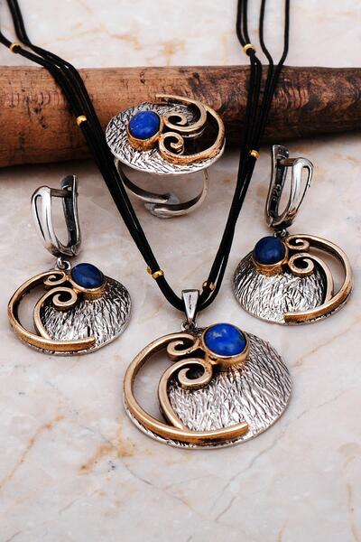Sümer Telkari Lapis Lazuli Taşlı Çekiç Dövme Elişi Gümüş Set 2239
