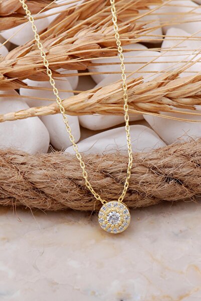 Sümer Telkari Elmas Montürlü 7 mm Altın Yaldızlı Gümüş Kolye 7706