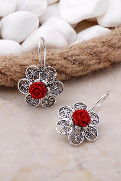 Sümer Telkari Mercan Taşlı Çiçekli Telkari Elişi Gümüş Küpe 5785