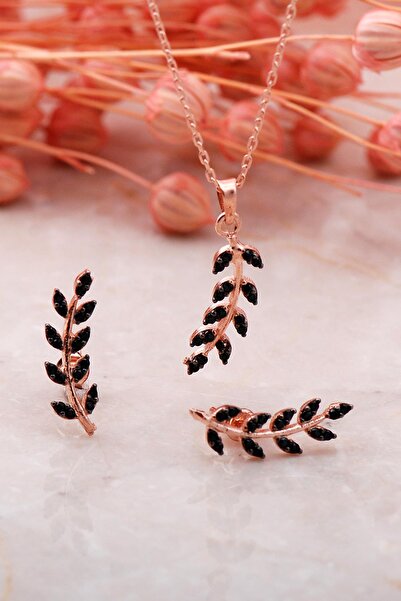 Sümer Telkari Yaprak Tasarım Siyah Rose Gümüş Ikili Set 2343