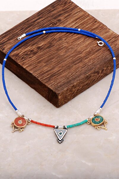 Sümer Telkari Doğal Taşlı Mozaik İşlemeli Gümüş Kolye 6526