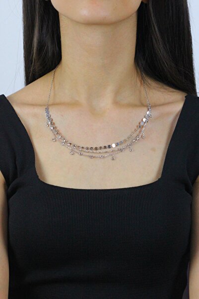 Sümer Telkari Taşlı Ve Pullu Üçlü Tasarım Rodyumlu Gümüş Kolye 7278