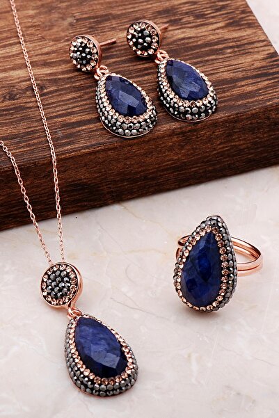 Sümer Telkari Safir Taşlı Damla Rose Gümüş Set 2075