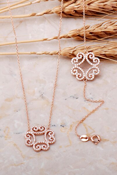 Sümer Telkari Zirkon Taşlı Rose Gümüş Set 978