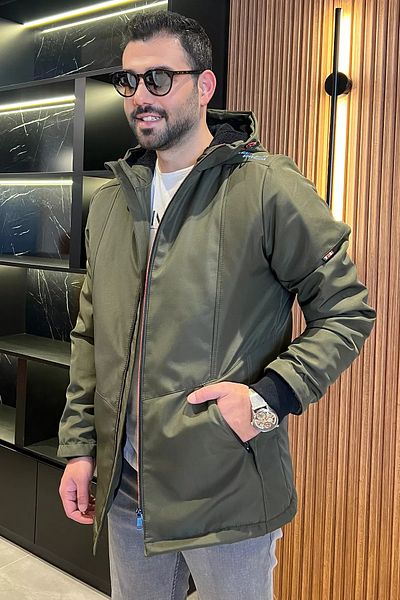 MİSHAR İTALİA Ανδρικό παλτό με φερμουάρ με βελούδινη κουκούλα χακί