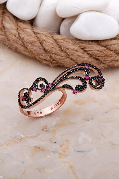 Sümer Telkari Tasarım Siyah Taşlı Rose Gümüş Yüzük 3614