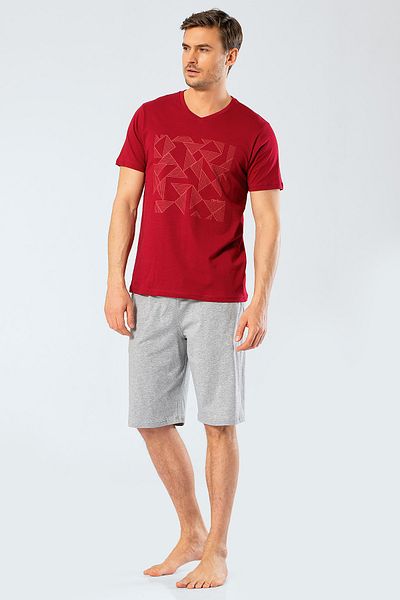 Cacharel 2199 Men's Printed V-Neck Bermuda Shorts Pajama Set - Claret Red