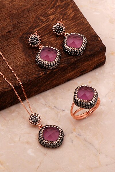 Sümer Telkari Ametist Taşlı Rose Gümüş Set 2708