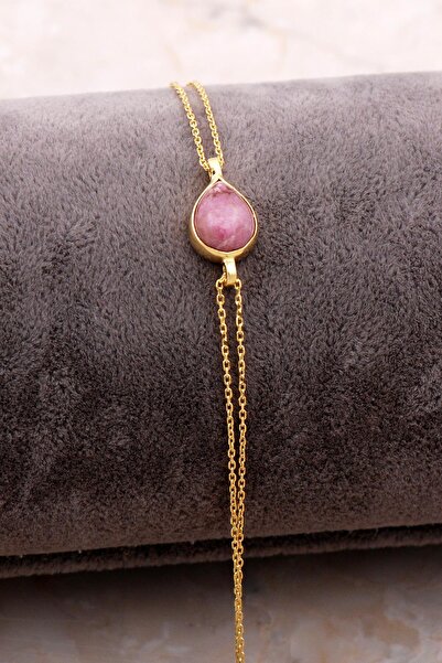 Sümer Telkari Doğal Rodonit Taşlı Damla Mini Altın Yaldızlı Gümüş Bileklik 4121