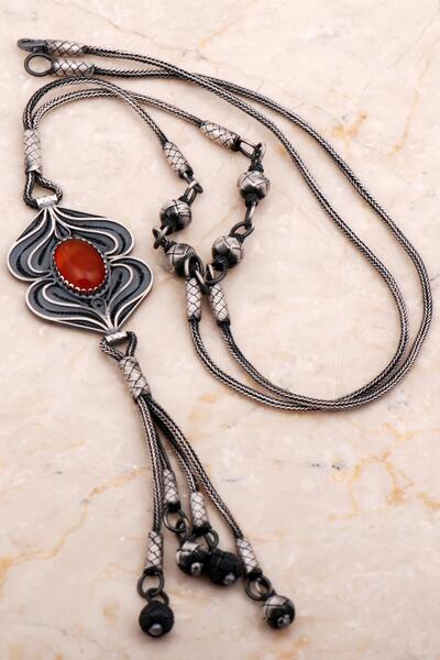 Sümer Telkari Akik Taşlı Telkari İşlemeli Kazaziye Elişi Oksitli Gümüş Kolye ...