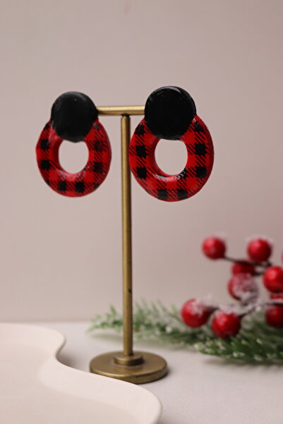 Gizy Store Polimer Kil El Yapımı Ekose Desen Kırmızı Siyah Yeni Yıl Noel Hediyelik Küpe Parlak