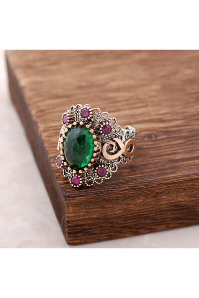 Sümer Telkari Yeşim Taşlı Telkari İşlemeli Gümüş Yüzük 2477