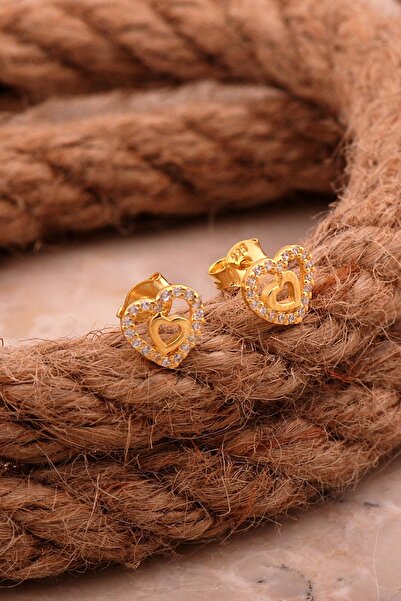 Sümer Telkari Çift Kalp Mini Altın Kaplama Gümüş Küpe 6812