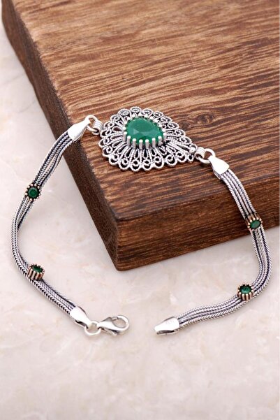 Sümer Telkari Kök Zümrüt Taşlı Telkari Işlemeli Gümüş Bileklik 2937