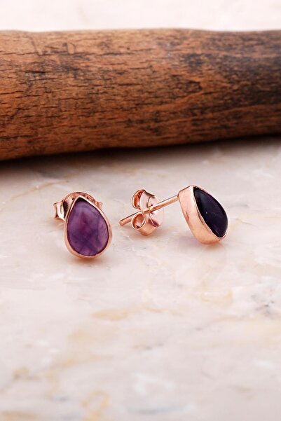 Sümer Telkari Doğal Ametist Taşlı Damla Mini Rose Gümüş Küpe 5833