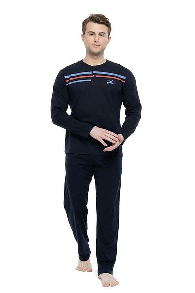 Mod Collection 3905 Men's Navy Blue Oversized Patchwork Long Sleeve Pajama Set - Navy Blue