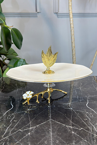 MAY HOME Porselen Sunumluk Dekortafif Ayaklı Tabak & Gold Yaldızlı
