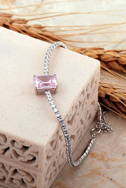 Sümer Telkari Pembe Topaz Taşlı Su Yolu Rodyumlu Gümüş Bileklik 4650