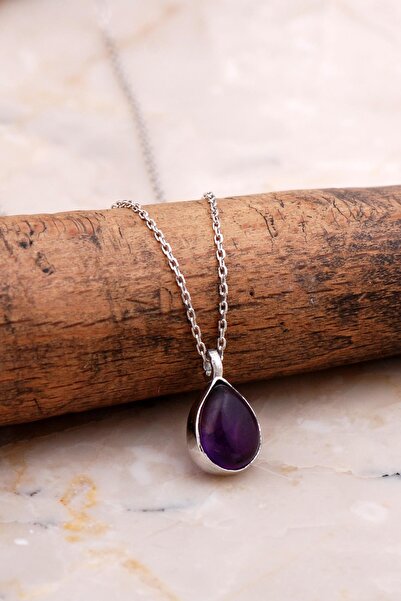 Sümer Telkari Doğal Ametist Taşlı Damla Mini Rodyumlu Gümüş Kolye 7742