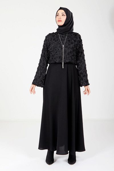 Beyza Δαντελένιο μαύρο χιτζάμπ φόρεμα 9099