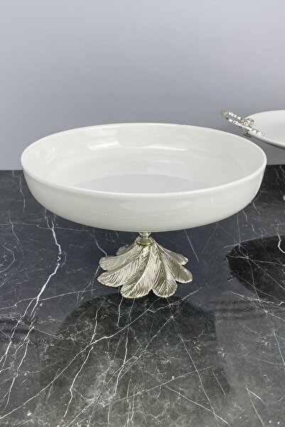 MAY HOME Silver Kand Porcelain Salad Presentation Bowl with Metal Legs