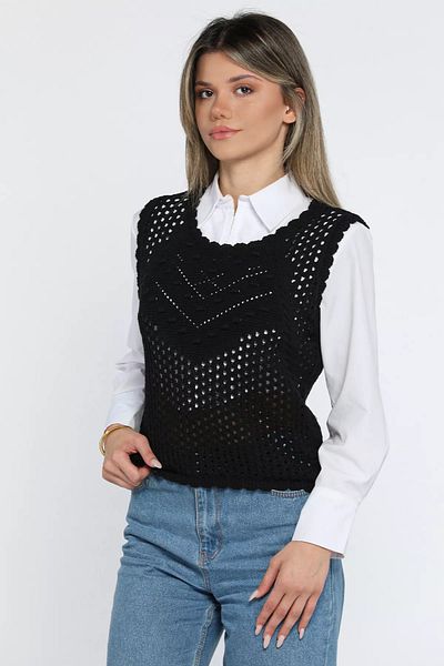 GÜLSELİ Black Women's Crew Neck Openwork Embossed Pattern Knitwear Sweater